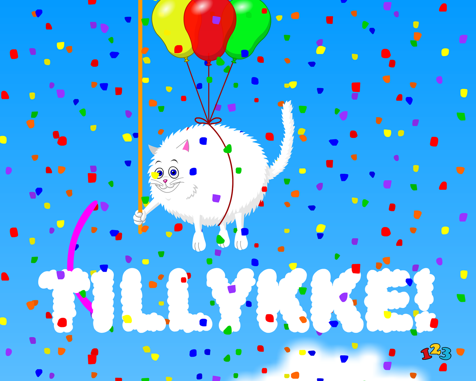Kat med balloner - Tillykke - gratis fra